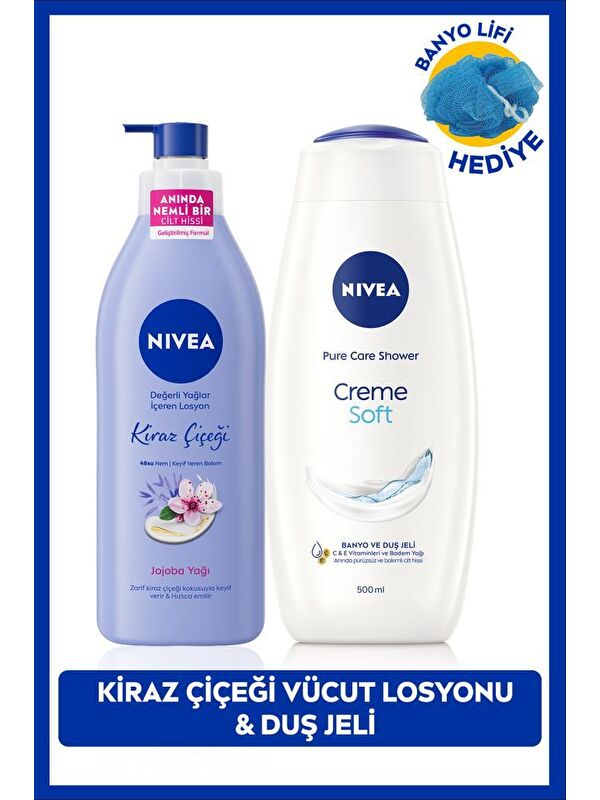 NIVEA Creme Soft Duş Jeli 500ml ve Kiraz Çiçeği Nemlendirici Vücut Bakım Losyonu 400ml, Banyo Lifi Hediye