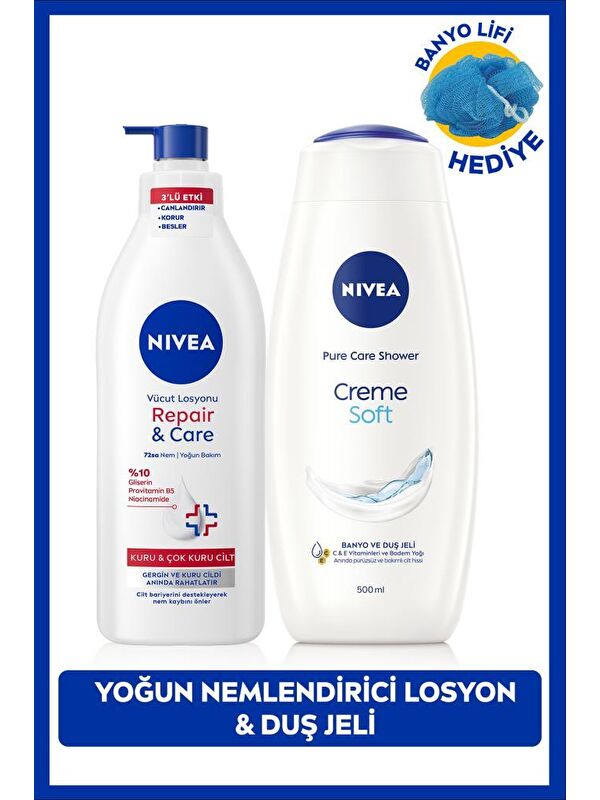 NIVEA Creme Soft Duş Jeli 500ml ve Repair Care Vücut Losyonu 400ml, Lif Hediyeli, Kaşıntılı ve Hassas Cilt