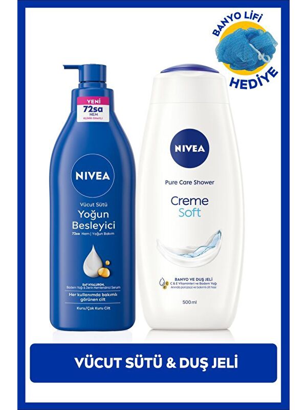NIVEA Creme Soft Duş Jeli 500ml ve Yoğun Besleyici Nemlendirici Vücut Sütü 400ml, Banyo Lifi Hediyeli