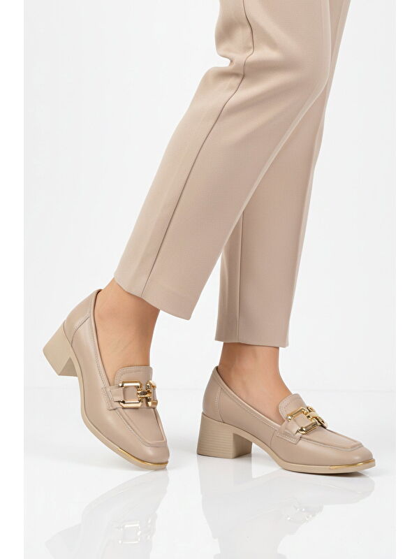 Ayakmod Bej Ayakmod Premium Hakiki Deri Kadın Topuklu Klasik Ayakkabı 757 Z