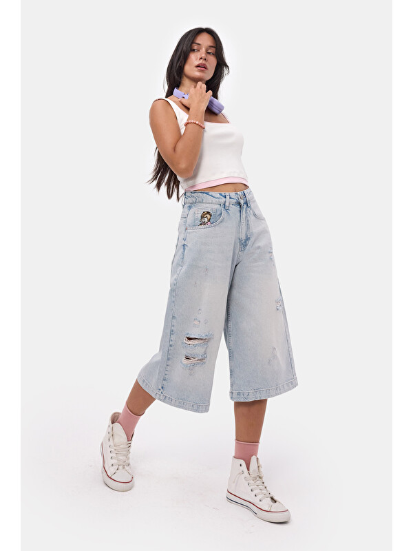 It's Basic Kadın Ice 12s6-89 Baggy Fit Maxi Denim Tasarım Bermuda Şort
