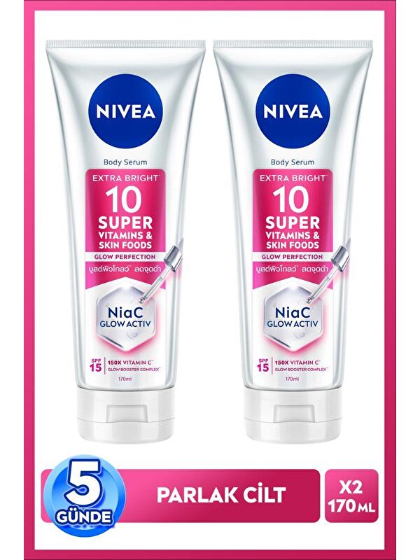 NIVEA SPF15 Super10 Serum Etkili Aydınlatıcı ve Nemlendirici Vücut Losyonu 170ml, C Vitamini, Niasinamid