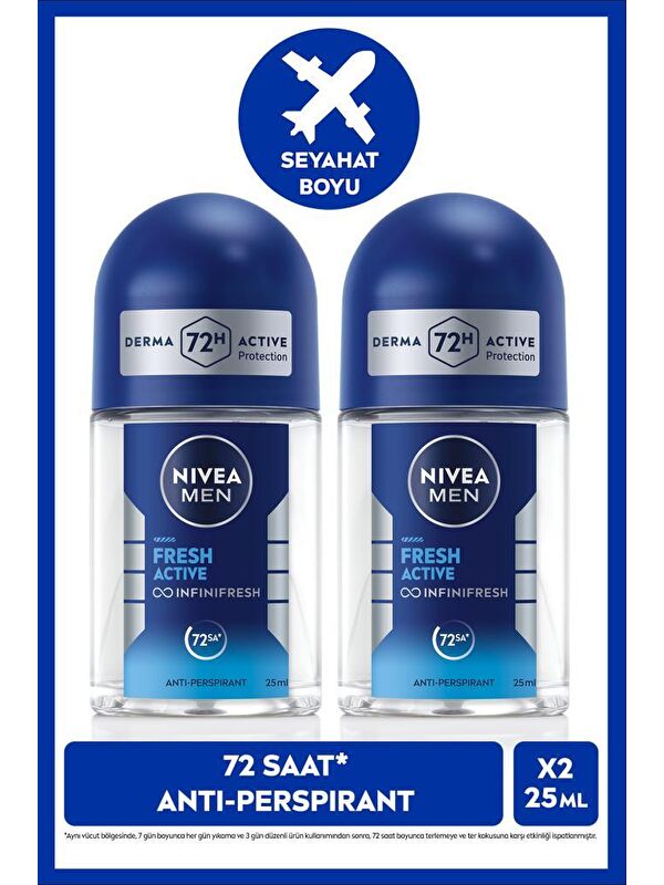 NIVEA MEN Erkek Roll-on Deodorant Fresh Active 25ml, 72 Saat Anti-perspirant Koruma, Seyahat Boyu, T