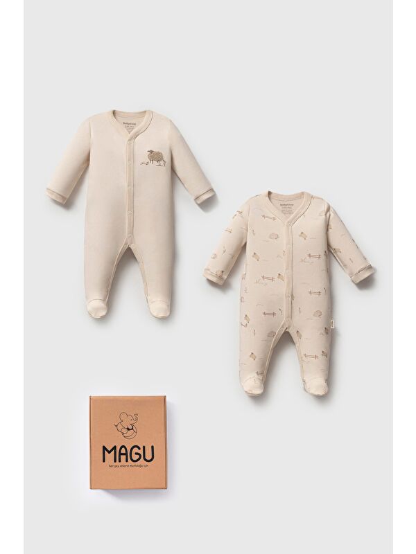 Magu Unisex Bebek Pamuklu Bej Koyun Desenli 2'Li Tulum Seti - Organik Koleksiyon