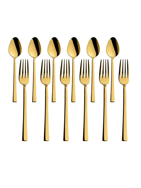 Kitchen Design Lab Parlak Gold Tatlı Çatal ve Kaşık Seti - 12 Adet Kahvaltı Pasta Tatlı Çatal Kaşık Seti Kutulu Set
