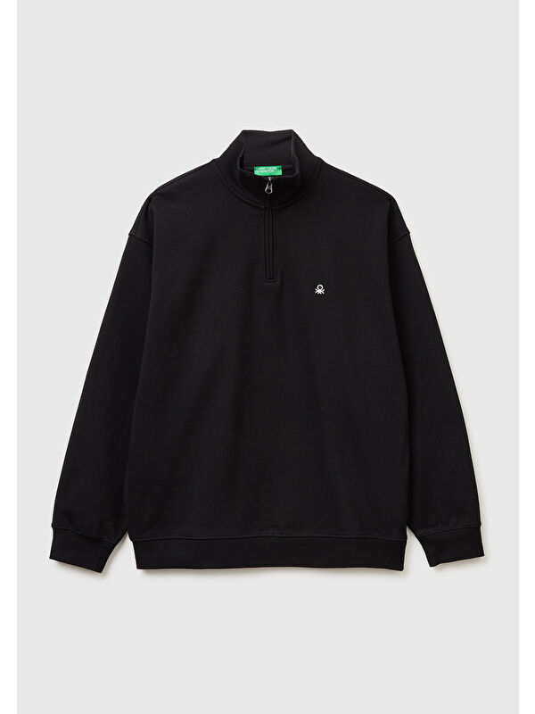 United Colors Of Benetton Erkek Siyah  %100 Pamuk Logo Detaylı Fermuarlı Dik Yaka Sweatshirt