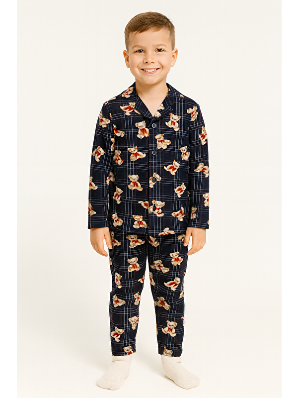 Zepkids Gömlek Yaka Ayıcık Baskılı Lacivert Renk Erkek Çocuk Pijama Takımı