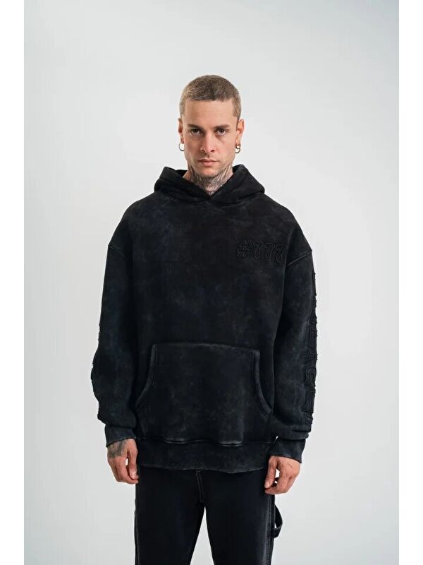 Jane's Unisex Uzun Kol Kapüşonlu Yıkamalı Nakışlı SweatShirt - Siyah