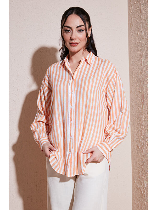 Fashion Friends Pamuklu Çizgili Oversize Uzun Kollu Gömlek 26Y0670K1