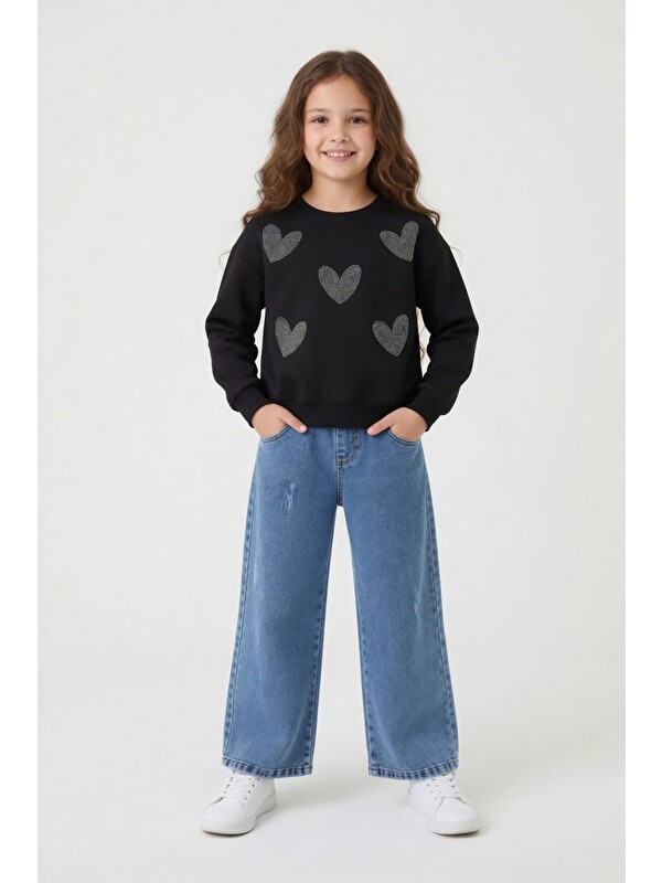 Cansın Mini Siyah Payetli Kalp Desenli Badili Jean Pantolonlu Kız Çocuk 2li Takım 24147