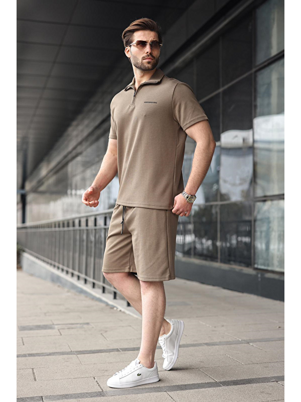 Madmext Haki Yarım Fermuarlı Polo Yaka T-Shirt Şort Takım E7348