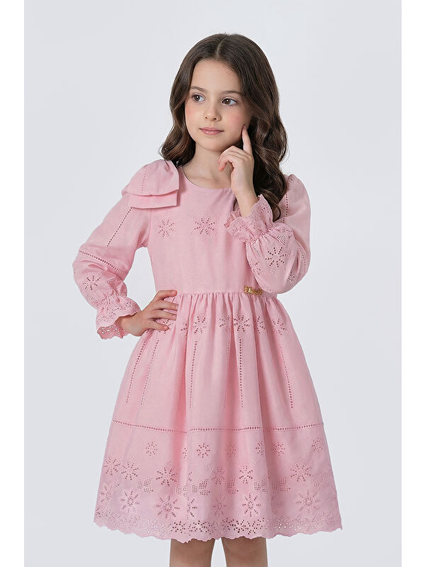 Pina Kids Kız Çocuk Omzu Fiyonk Detaylı Uzun Kollu Fisto Elbise