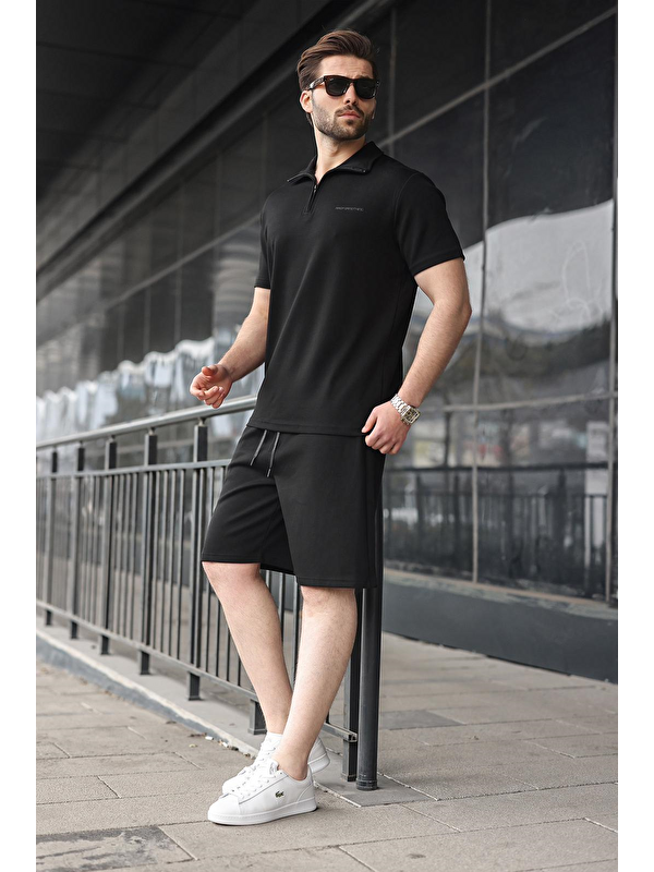 Madmext Siyah Yarım Fermuarlı Polo Yaka T-Shirt Şort Takım E7348