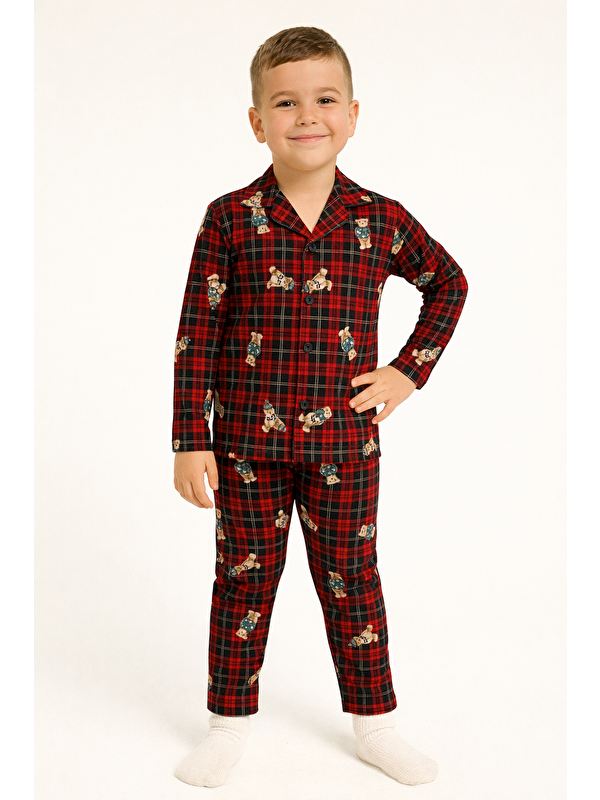 Zepkids Gömlek Yaka Ayıcık Baskılı Bordo Renk Erkek Çocuk Pijama Takımı