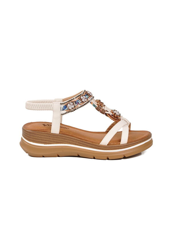 Voyager Beyaz Voyager Hakiki Deri Taş İşlemeli Kadın Sandalet B481 Z