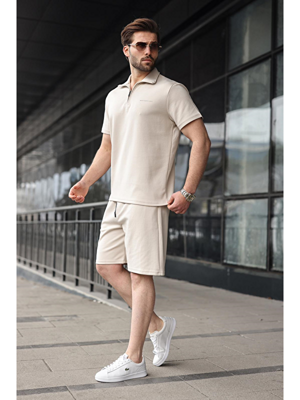 Madmext Bej Yarım Fermuarlı Polo Yaka T-Shirt Şort Takım E7348