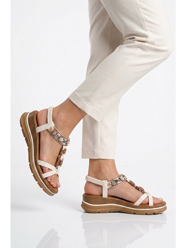 Voyager Beyaz Voyager Hakiki Deri Taş İşlemeli Kadın Sandalet B481 Z