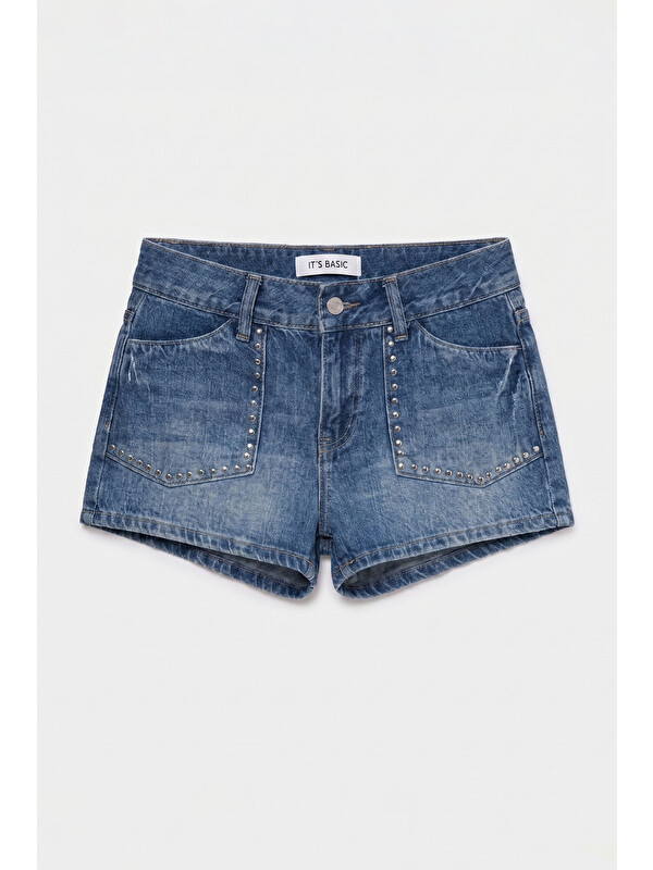 It's Basic Kadın Mavi T-2s6-4 Drop Detaylı Mini Özel Tasarım Denim Şort