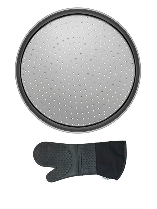 Kitchen Design Lab Orta Boy Delikli Pizza Tepsisi Lahmacun Pide Tepsisi 32 cm ve Gri Silikon Yanmaz Fırın Eldiveni