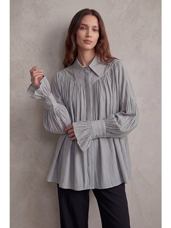 Shooter Sportswear Kadın Oversize Büzgülü Kol Detaylı Düşük Omuz Gömlek