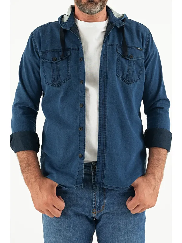 Comstar Erkek Slim Fit Dar Kalıp Kapüşonlu Jean Gömlek