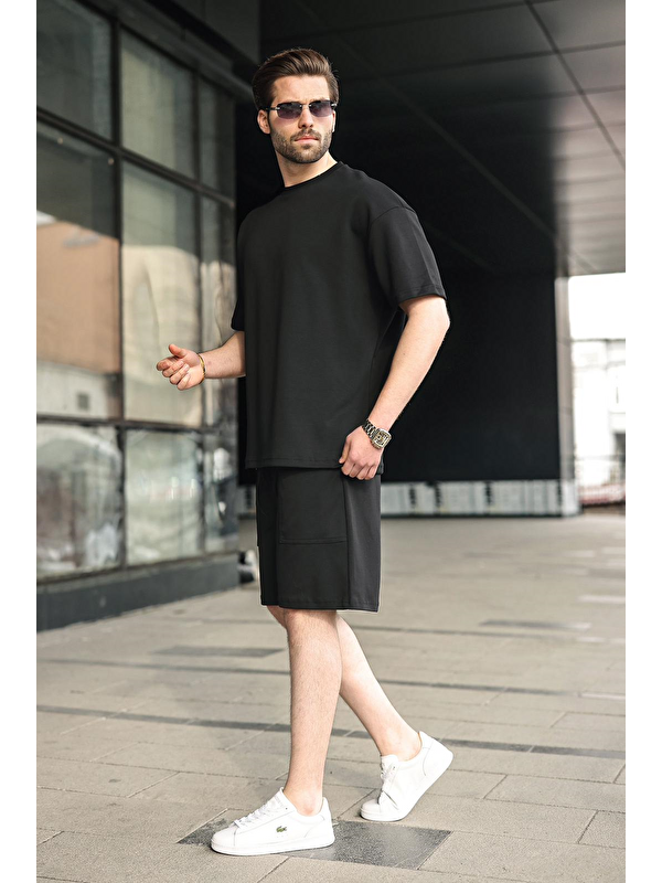Madmext Siyah Bisiklet Yaka Oversize Erkek Şort T-Shirt Takım E7355