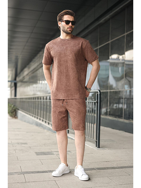 Madmext Kahverengi Batik Desenli Overfit Şort T-Shirt Takım E7357