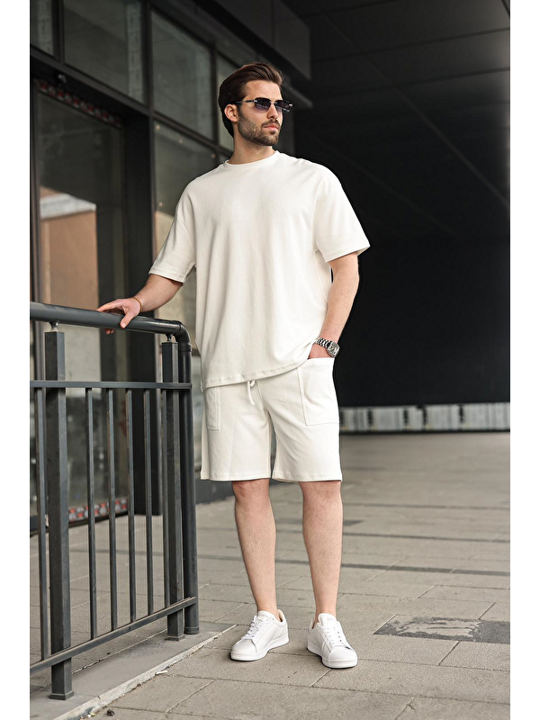 Madmext Ekru Bisiklet Yaka Oversize Erkek Şort T-Shirt Takım E7355