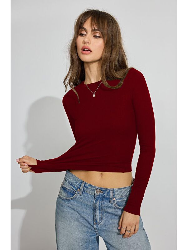 Madmext Bordo Bisiklet Yaka Slim Fit Kadın Body Mg2564