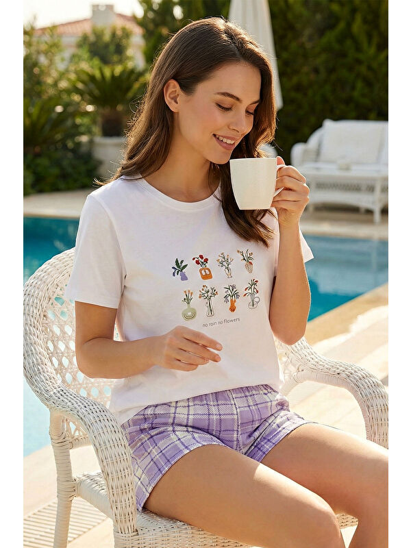 Remsa Kadın Kısa Kol Suprem Kumaş Şortlu Pijama Takımı 90782-3328 Beyaz01