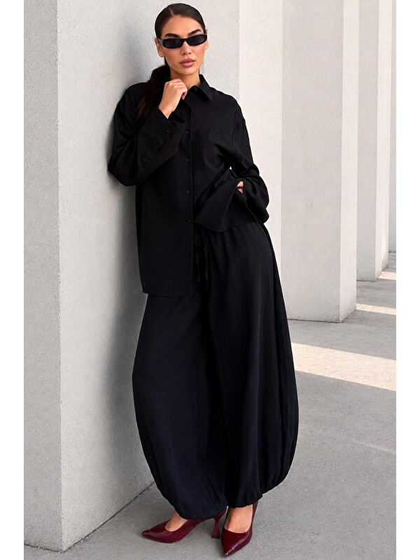 Madmext Siyah Oversize Gömlek Balon Pantolon Kadın Takım Mg2779