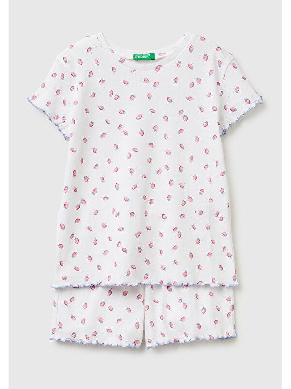 United Colors Of Benetton Kız Çocuk Turuncu Desenli Desenli Fırfır Detaylı Kısa Kollu Şortlu Pijama Takımı