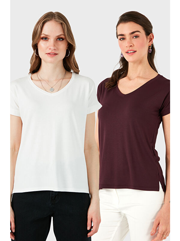 Lela V Yaka Relaxed Fit Yırtmaç Detaylı 2'li Paket Bluz 5862000S2