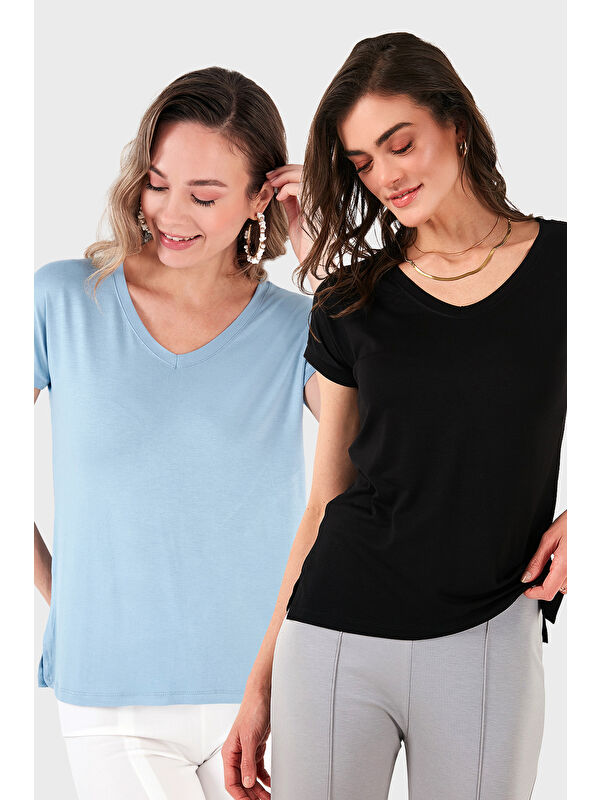 Lela V Yaka Relaxed Fit Yırtmaç Detaylı 2'li Paket Bluz 5862000S2