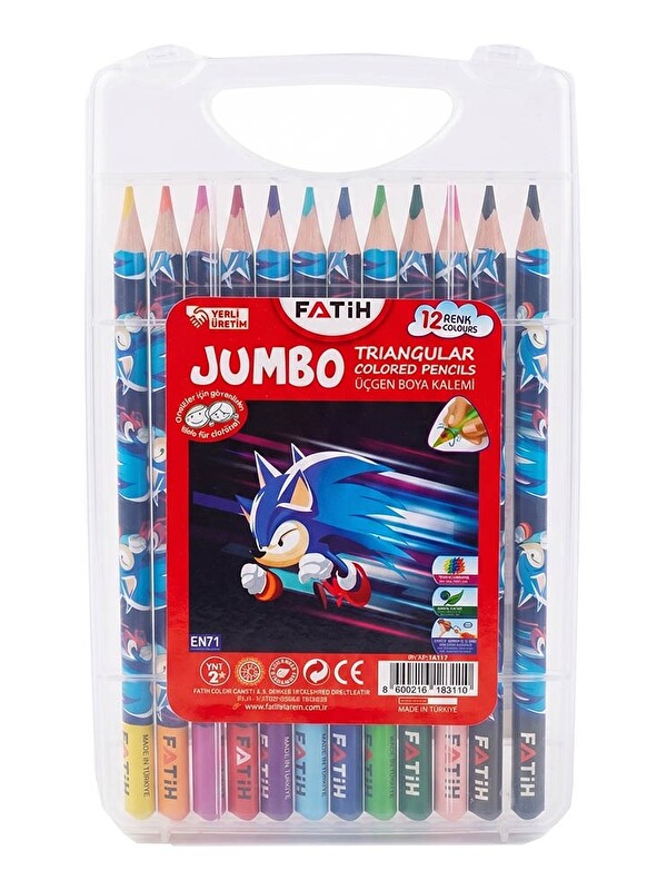 Fatih 12 li Jumbo Kuru Boya Kalemi Plastik Kutu 1 Paket Sonic Figürlü Kalın 12 Renk Kuruboya Tam Boy