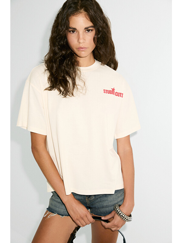 ETHIQUET CUTS Kadın Organik Pamuklu Baskılı Bisiklet Yaka Oversize EKRU T-Shirt