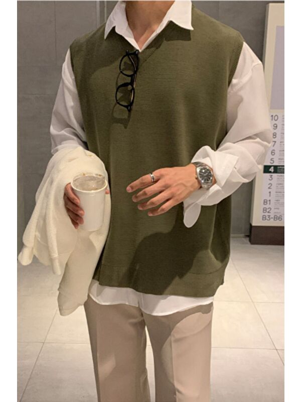 Tarz Cool Erkek Haki V Yaka Oversize Süveter