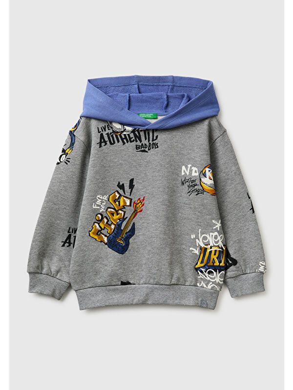United Colors Of Benetton Erkek Çocuk Gri Mix Tamamı Desenli Logo Etiketli Bol Kalıp Kapüşonlu Sweatshirt