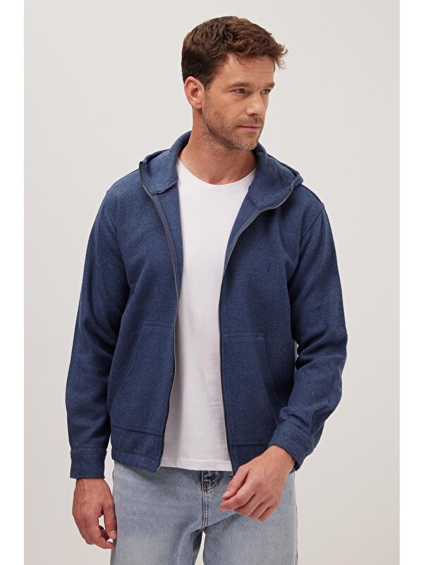 TUDORS Erkek Relax Fit Rahat Kesim Fermuarlı Çift Cep Kapüşonlu İndigo Sweatshirt