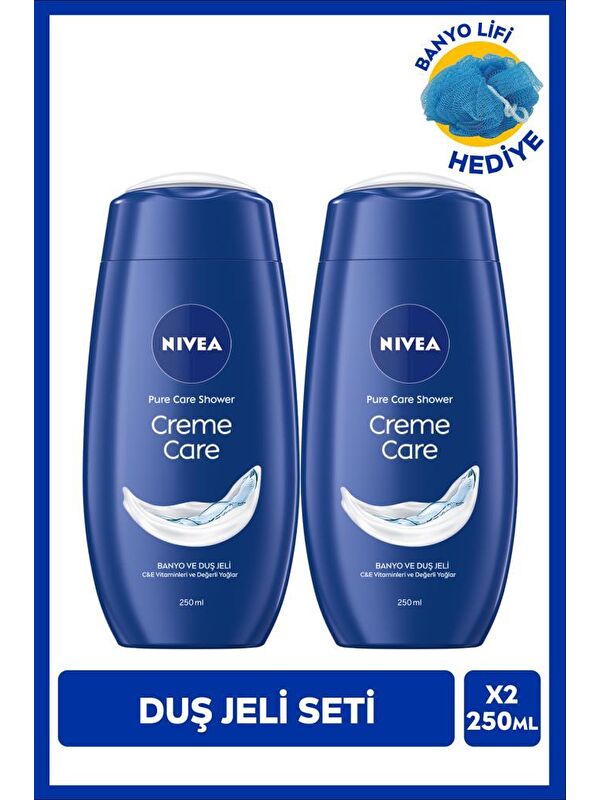 NIVEA Creme Care Nemlendirici Duş Jeli 250ml ve Banyo Lifi Hediyeli, C Vitamini, Değerli Yağlar, X2 Adet,