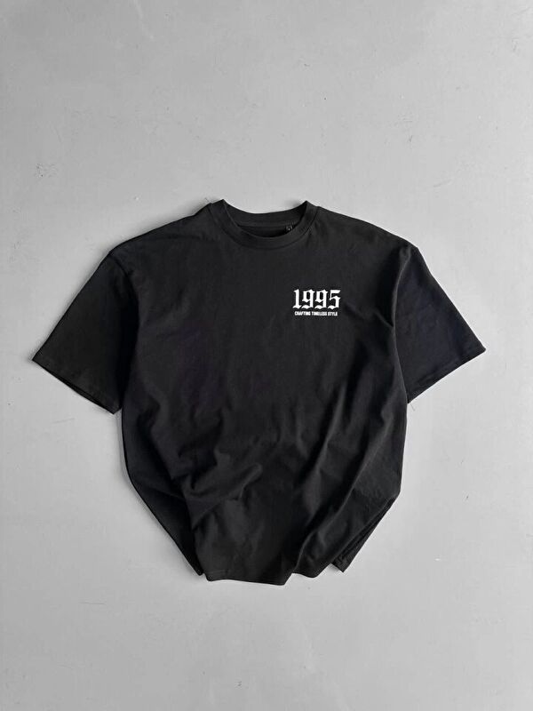 Jane's Baskılı Oversize Bisiklet Yaka T-shirt - Siyah