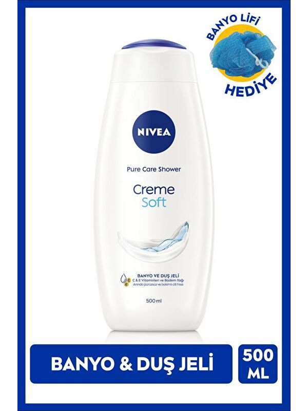 NIVEA Creme Soft Kremsi Dokunuş Duş Jeli 500ml, Vücut Bakım, Badem Yağı, C Vitamini, Banyo Lifi Hediye, Av
