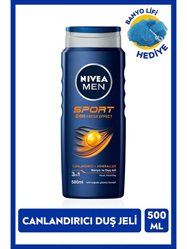 NIVEA MEN Erkek Duş Jeli Sport 500ml, Canlandırıcı Etki, Mineral, Vücut Saç ve Yüz, Banyo Lifi Hediy