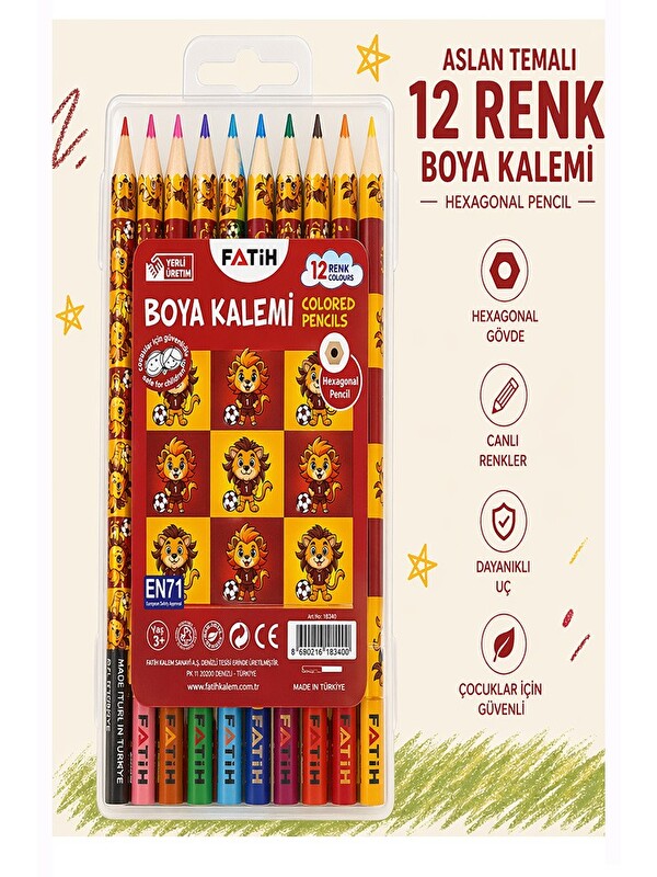 Fatih 12 li Kuru Boya Kalemi Plastik Kutu 1 Paket Taraftar Sarı Kırmızı 12 Renk Kuruboya Tam Boy Ren