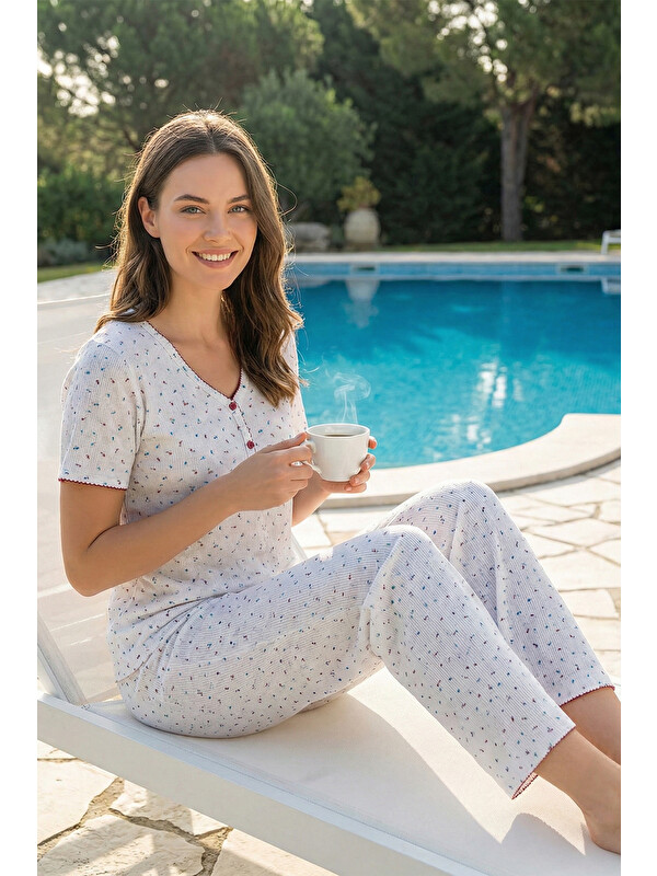 Remsa Kadın Çiçek Desenli Pamuklu Kısa Kol Pointelle Kumaş Pijama Takımı 3193 Beyaz