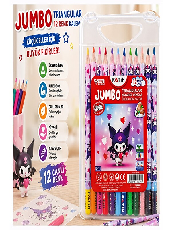 Fatih 12 li Jumbo Kuru Boya Kalemi Plastik Kutu 1 Paket Kuromi Figürlü Kalın 12 Renk Tam Boy