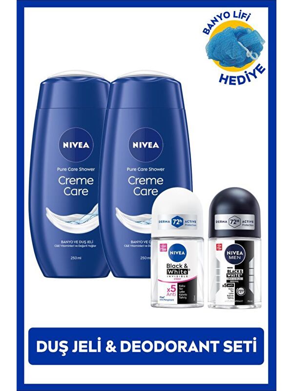 NIVEA Kadın ve Erkek Roll-on Deodorant Black&White 25ml, Creme Care Duş Jeli X2 Adet, Banyo Lifi Hed