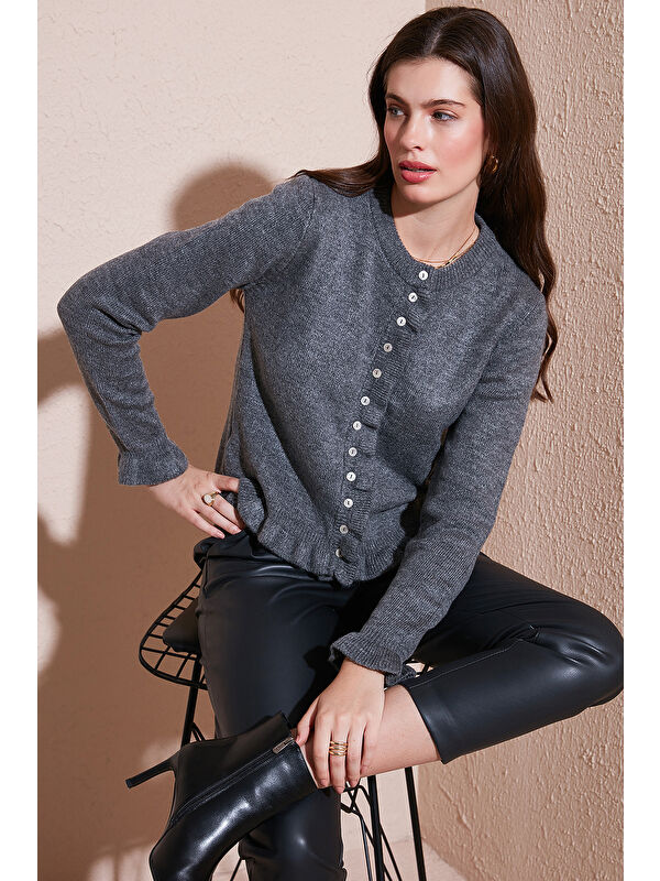 Lela Premium Pile Detaylı Regular Fit Yuvarlak Yaka Kadın Triko Hırka 680HI00038