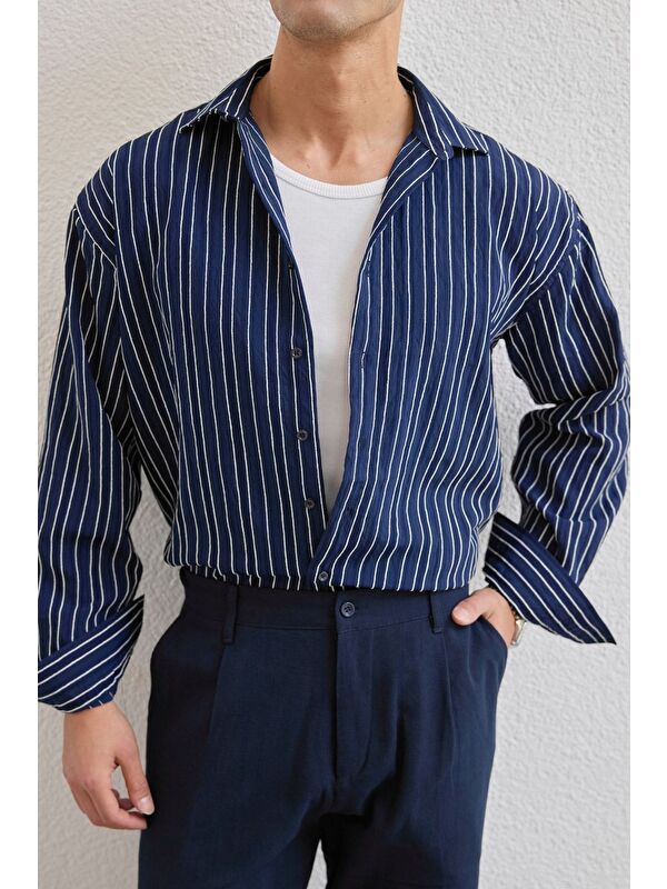 Livio Ferri Tugur Erkek Çizgili Oversize Premium Gömlek Soft Touch Refined Comfort