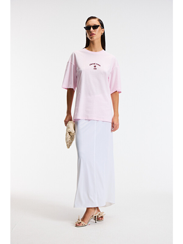 ETHIQUET TAVENA Kadın %100 Pamuk Baskılı Oversize Fit Kısa Kollu Yuvarlak Yaka PEMBE T-Shirt